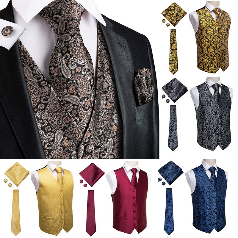 Hi-Tie-Black Luxury Paisley Men&s Vest Set Hanky C..